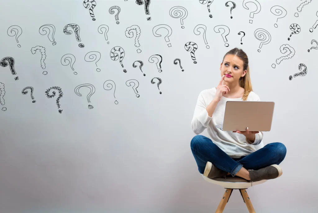 question, woman, laptop